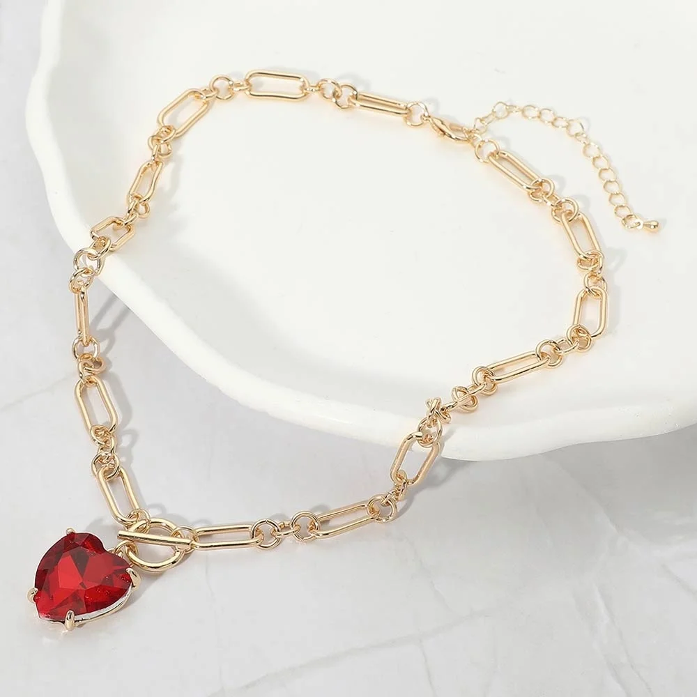 Red Heart Toggle Paperclip Link Crystal Pendant Necklace Gold Jewelry Chain